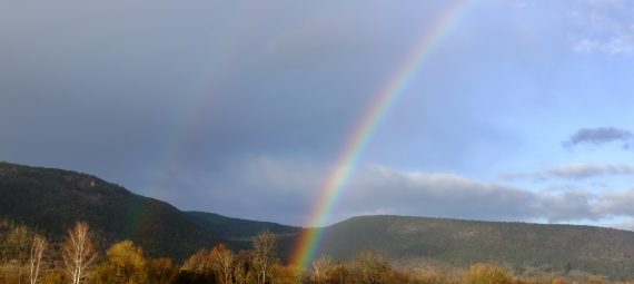 Rainbow over green fields